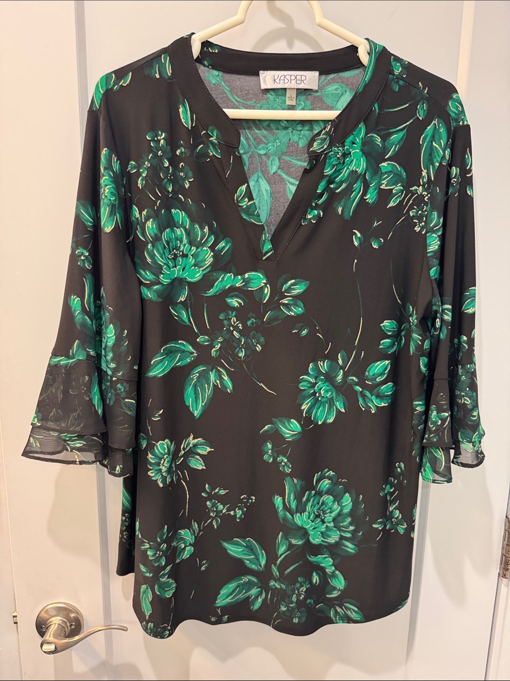 Kasper Black Top with Emerald Floral Print